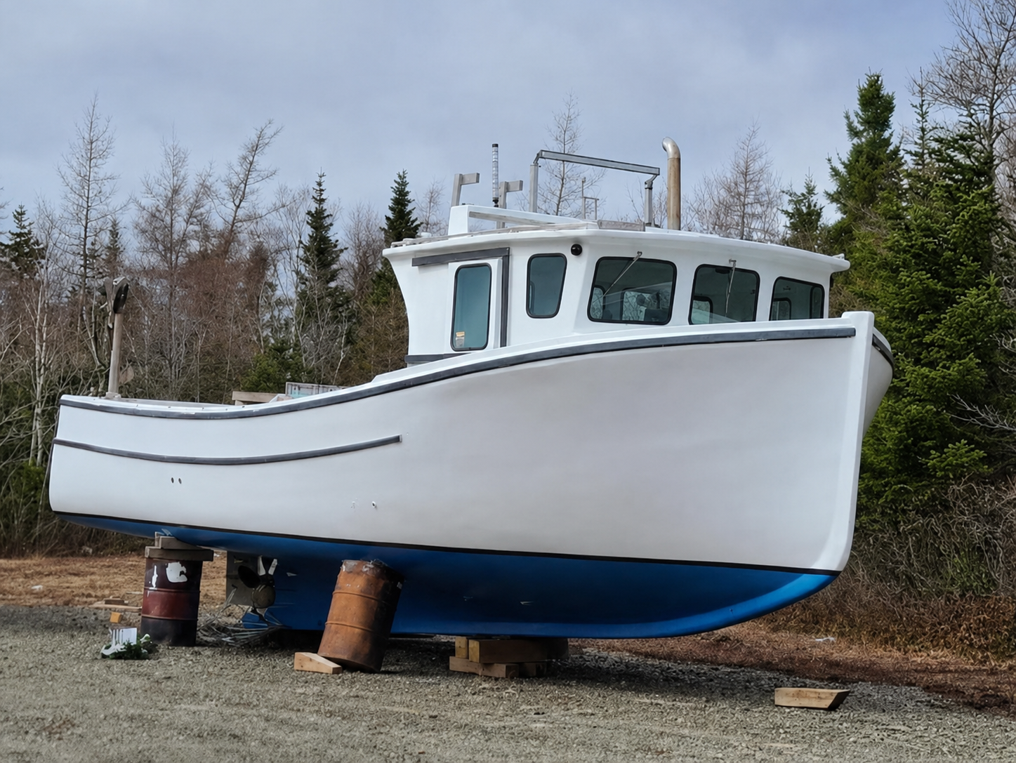 White and blue boat on land with trees in the background