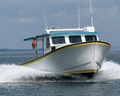 A white motorboat with blue and yellow trim is shown from a front three-quarter angle, moving through blue-gray water and creating a white wake under a cloudy sky.