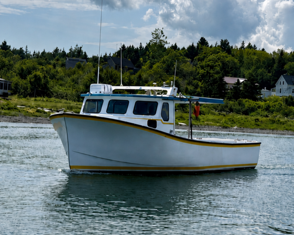 A white fishing boat with a blue cabin and yellow trim floats on calm blue water, with a tree-lined shore and houses in the background under a cloudy sky.