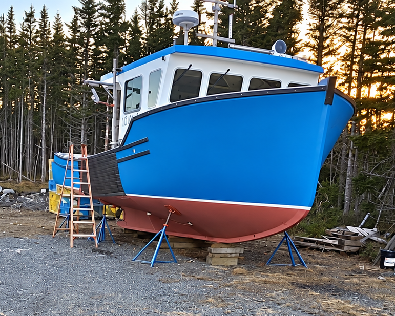 A blue and red boat on boat stands in an outdoor gravel lot surrounded by a forest at sunset.