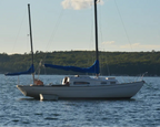 Sailboat on calm water with a clear sky
